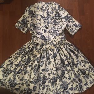 Collectif London blue and white toile belted vintage style fit and flare dress